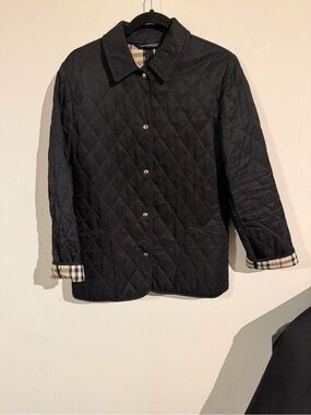 Burberry Quilted Black Jacket with Plaid Cuff Detail